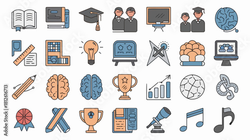 Set of educational icons including books, graduation caps, diplomas, and brain illustrations