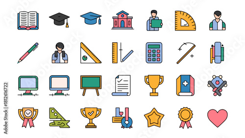 Collection of educational icons including books, graduation caps, buildings, teachers, and awards