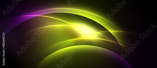 Abstract design features vibrant curves, glowing light source. Purple, green, yellow hues create dynamic visual effect. Smooth gradients dominate composition.