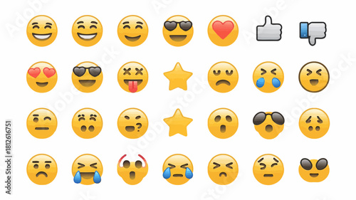 Set of colorful emoji faces and symbols isolated on
