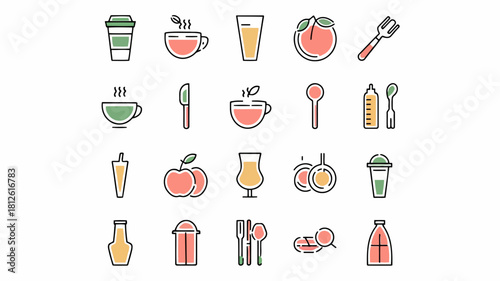 Colorful icons of various food and drink items including coffee, tea, fruits, and utensils