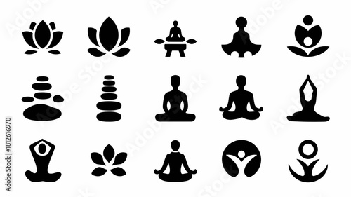 Collection of yoga and meditation symbols including lotus flowers, meditation poses, and spiritual icons