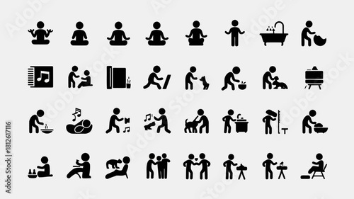 Set of diverse icons representing various activities and objects, including people in different poses and actions, household items, and more