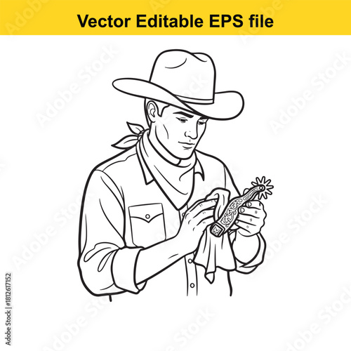 Black and white line art vector illustration of a cowboy cleaning a spur with a cloth, isolated on