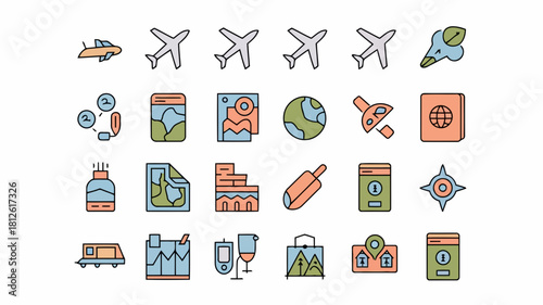 Collection of travel and adventure icons including airplanes, maps, compasses, and camping gear