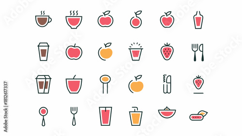 Set of colorful icons featuring various food items, drinks, and utensils, including fruits, beverages, and tableware