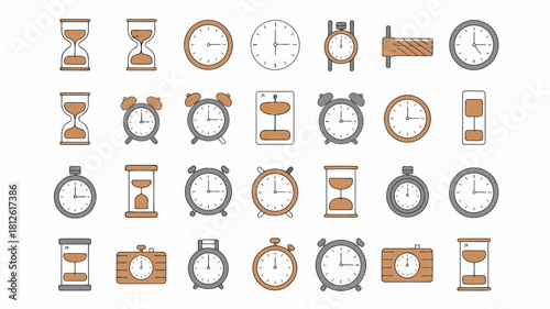 Collection of various vintage and modern clocks and timepieces, including analog, digital, and hourglass designs, illustrated in a minimalist style