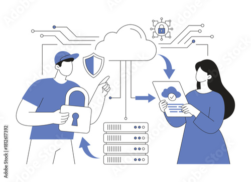 Secure cloud computing and data protection, man and woman IT specialists with server, digital privacy concept vector illustration.