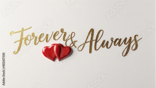Golden Forever and Always text with two red hearts on a white background.