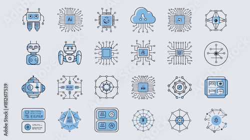 Collection of futuristic and technological icons with a blue and white color scheme, including robots, circuits, and digital elements