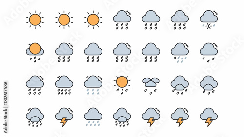 Collection of weather icons showing various conditions like sunny, cloudy, rainy, and stormy skies