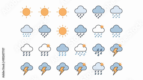 Collection of weather icons featuring sun, clouds, rain, lightning, and storm symbols for design use