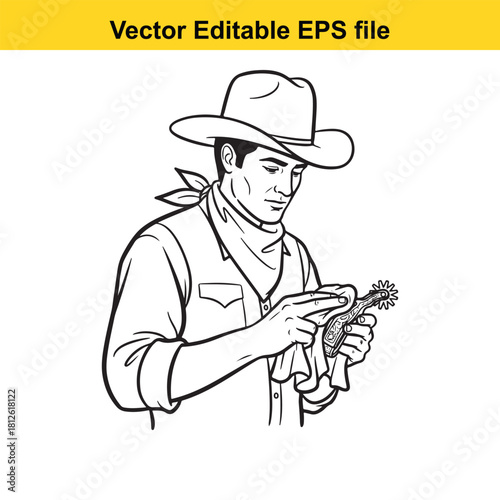 Black and white line art vector illustration of a cowboy wearing a hat and bandana cleaning a horse spur with a cloth, isolated on