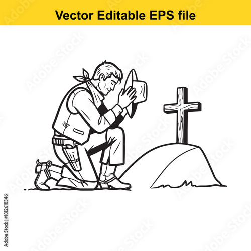 Black and white vector illustration of a cowboy kneeling in prayer before a simple wooden cross on a small mound, isolated on