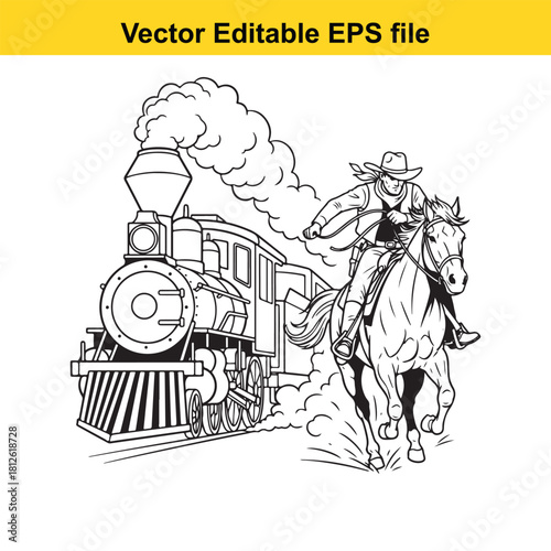 Black and white line art vector illustration of a cowboy riding a galloping horse next to a vintage steam locomotive train with smoke coming out of the chimney, isolated on