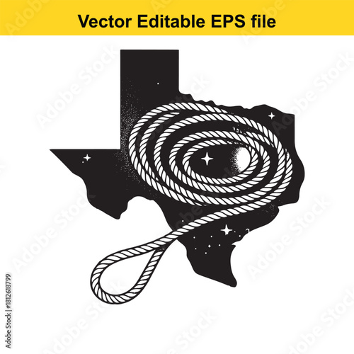 Coiled lariat rope silhouette over a starry texas map outline