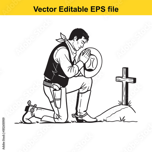 Black and white vector illustration of a cowboy kneeling in prayer beside a grave with a cross, holding his hat