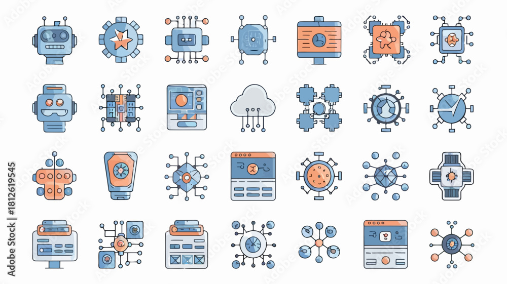Fototapeta premium Collection of various futuristic and technological icons including robots, networks, and digital devices