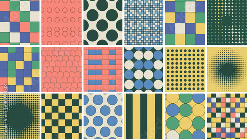 Collection of various geometric patterns and designs in a grid layout, showcasing different shapes and colors