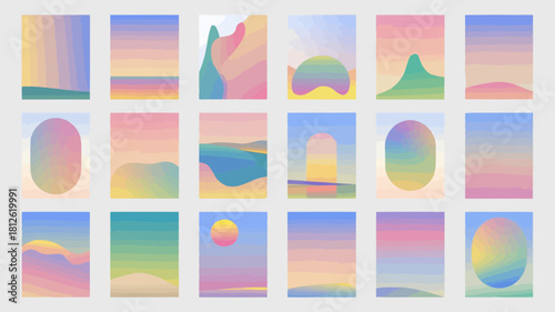 Colorful abstract geometric shapes and patterns in soft pastel colors arranged in a grid layout