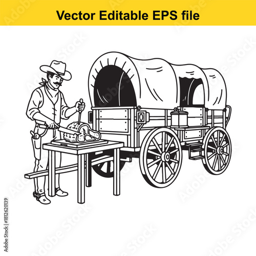 Black and white line art vector illustration of a cowboy carving meat next to a covered wagon, isolated on