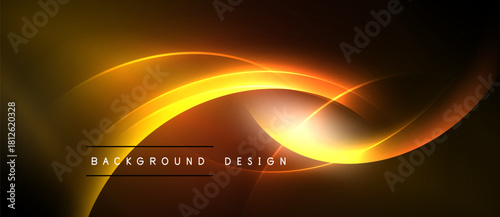 Abstract golden waves radiate from bright center. Dark background enhances luminous curves, creating dynamic visual effect. Text reads background design.