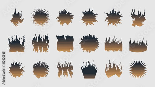 Collection of burning wood logs with flames in various styles and orientations, isolated on