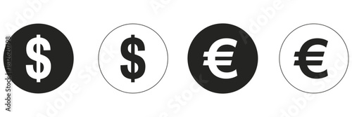 Dollar and euro financial icon illustration, showing online payment symbols, digital wallet graphics, currency signs, and earnings coin visuals, suitable for banking, finance, and economic design 