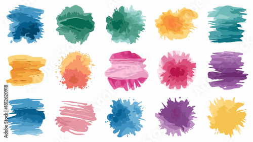 Colorful abstract paint splatters in various vibrant shades of blue, green, yellow, pink, and purple