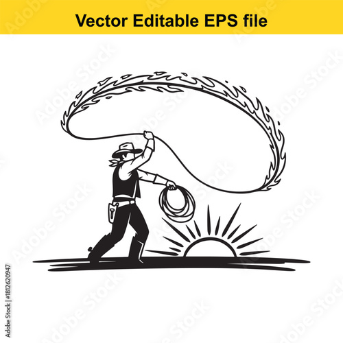 Black and white vector illustration of a cowboy swinging a flaming lasso against a rising sun on the horizon, isolated on