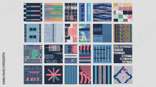 Collection of colorful abstract geometric patterns and designs with vibrant hues and intricate shapes