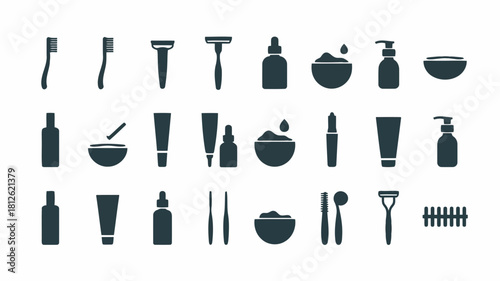 Set of various bathroom and personal care items including bottles, razors, and brushes in black and white