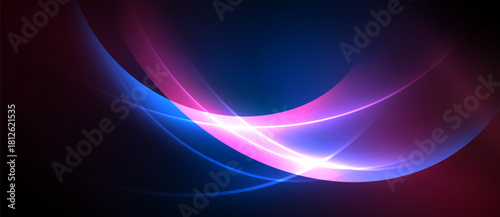 Abstract design features flowing curves, vibrant blues, pinks, purple hues. Light radiates from central point, creating dynamic visual effect.