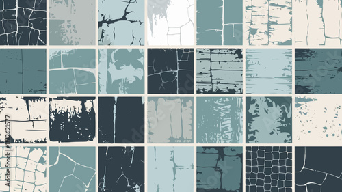 Abstract geometric patterns in shades of blue and gray with intricate line designs