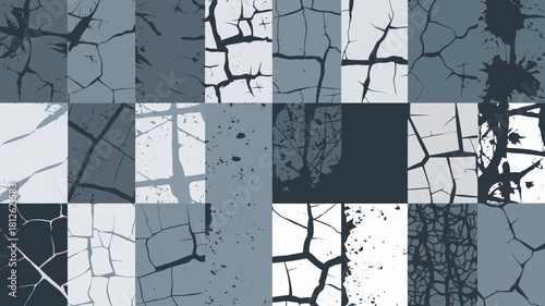Abstract cracked texture patterns in various shades of gray and black, showcasing different styles of fractures and lines