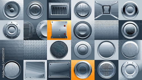 A collection of various circular and geometric design elements in metallic and reflective finishes