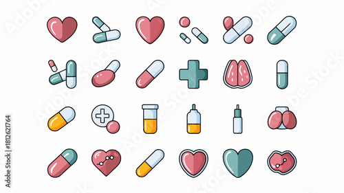 Illustration of various pills, capsules, syrups, and medical symbols in a colorful and playful style