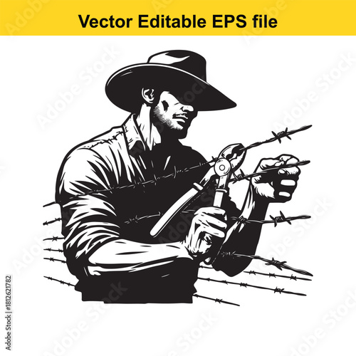 Strong cowboy or rancher wearing a hat and working with pliers to repair or cut barbed wire fence, vector illustration