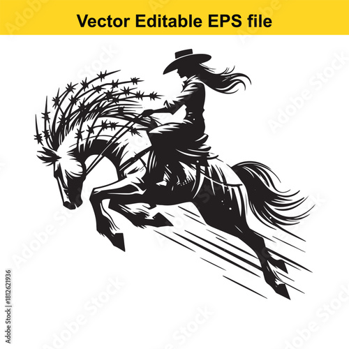 Silhouette of cowgirl riding wild horse with barbed wire mane