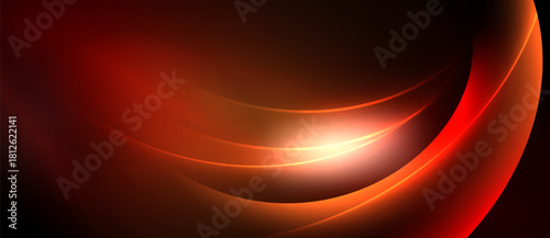 Abstract red design features flowing curves, bright light source. Smooth gradients create dynamic visual impact. Modern aesthetic.