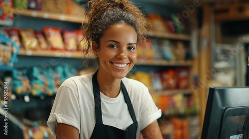 Smiling female cashier at the counter of a convenience store