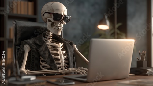 Cool skeleton in suit and sunglasses working on laptop