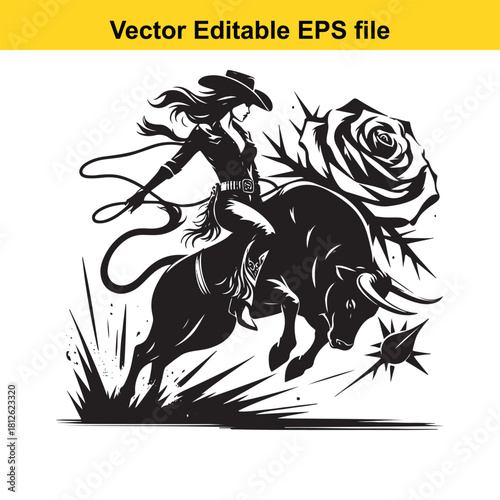 Black and white vector graphic of a cowgirl riding a bull