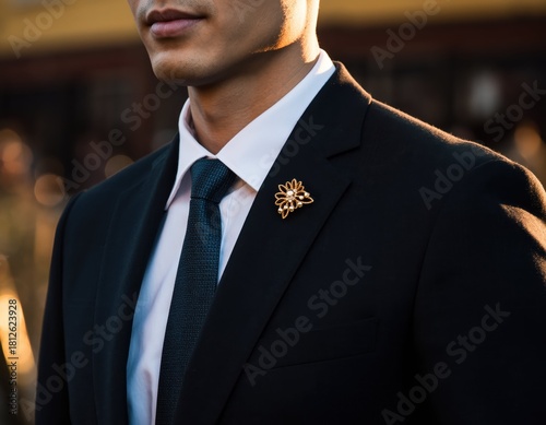 Elegant Man's Suit with Unique Floral Lapel Pin in Soft Sunset Light