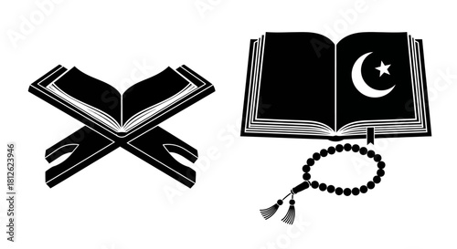 Black and white icon set of quran, prayer book, and rosary beads