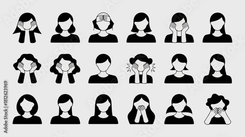 Set of diverse black and white illustrations depicting various human emotions and expressions