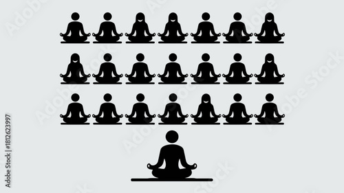 Group of people meditating in a row, sitting in lotus position, black and white illustration