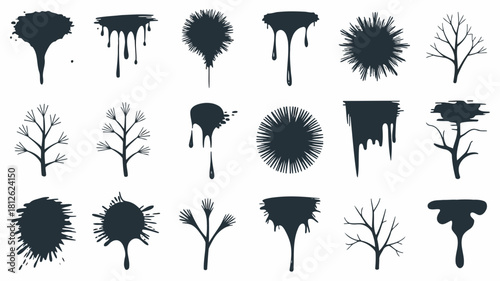 Black and white tree silhouettes with abstract shapes and splashes of paint
