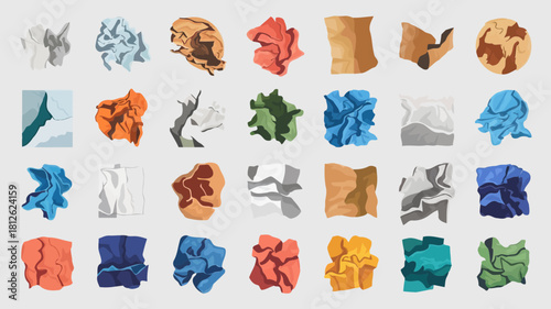 Colorful crumpled paper balls in various colors and textures arranged in a grid pattern