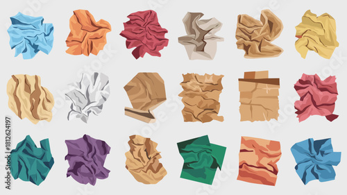 Assorted colorful crumpled paper balls in various shades and textures displayed in a grid pattern